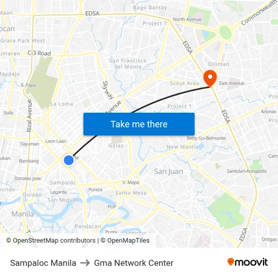 Sampaloc Manila to Gma Network Center map