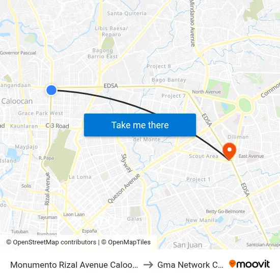 Monumento Rizal Avenue Caloocan City to Gma Network Center map