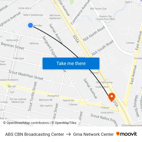ABS CBN Broadcasting Center to Gma Network Center map