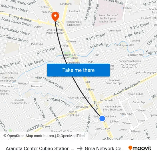 Araneta Center Cubao Station MRT to Gma Network Center map