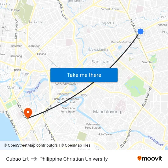 Cubao Lrt to Philippine Christian University map