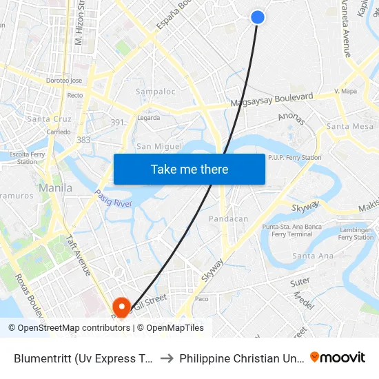 Blumentritt (Uv Express Terminal) to Philippine Christian University map