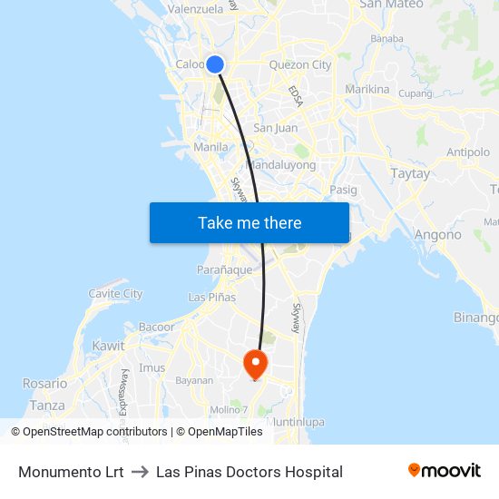 Monumento Lrt to Las Pinas Doctors Hospital map