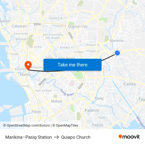 Marikina–Pasig Station to Quiapo Church map