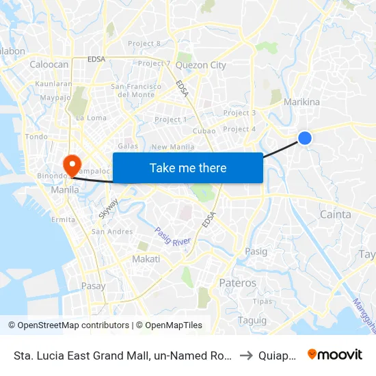 Sta. Lucia East Grand Mall, un-Named Road Near Felix Road, Cainta, Manila to Quiapo Church map