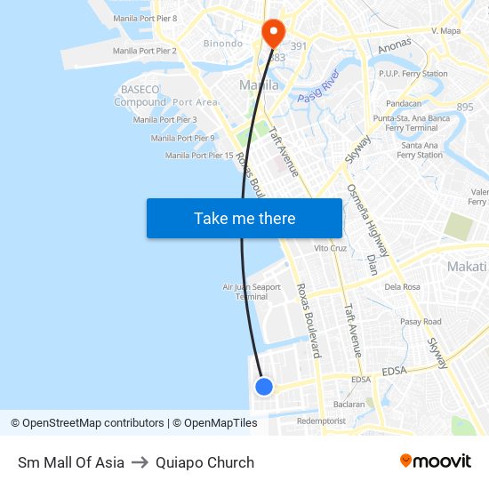 Sm Mall Of Asia to Quiapo Church map