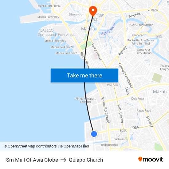 Sm Mall Of Asia Globe to Quiapo Church map