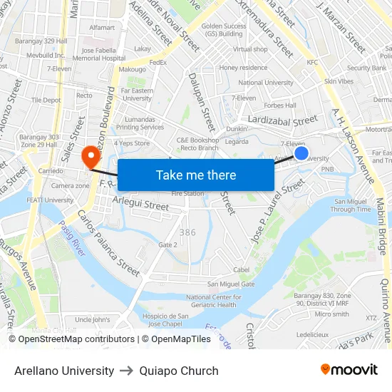 Arellano University to Quiapo Church map