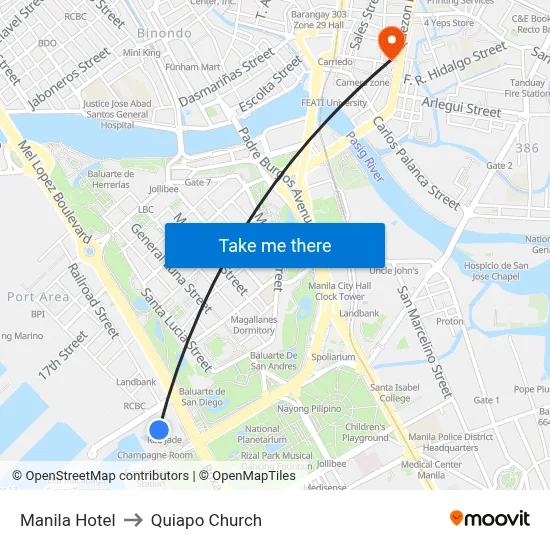 Manila Hotel to Quiapo Church map