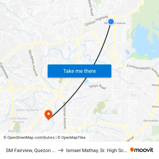 SM Fairview, Quezon City to Ismael Mathay, Sr. High School map