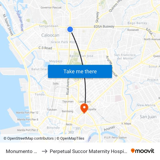 Monumento Lrt to Perpetual Succor Maternity Hospital map