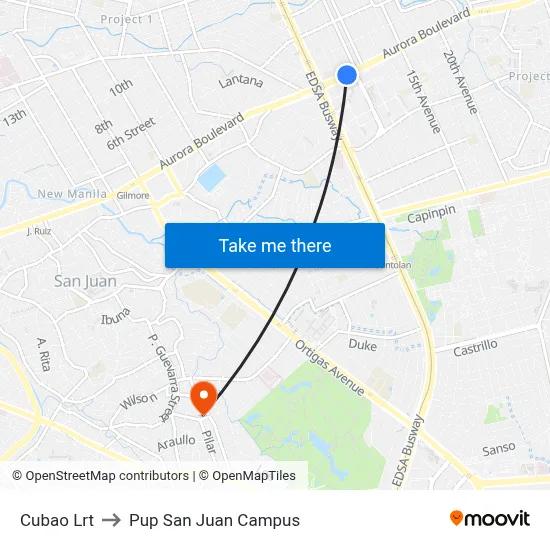 Cubao Lrt to Pup San Juan Campus map