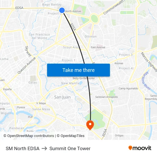 SM North EDSA to Summit One Tower map