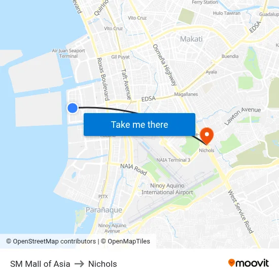 SM Mall of Asia to Nichols map