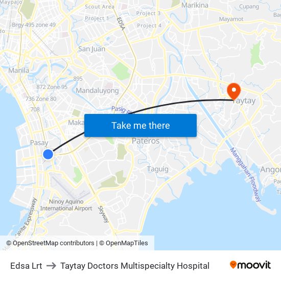 Edsa Lrt to Taytay Doctors Multispecialty Hospital map