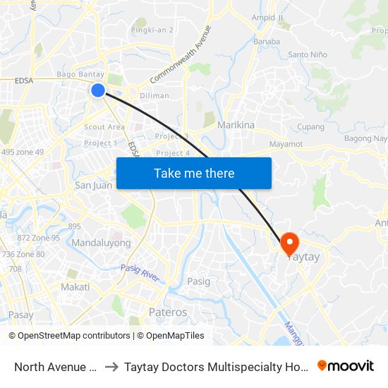 North Avenue Mrt to Taytay Doctors Multispecialty Hospital map