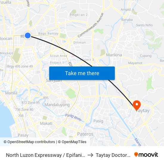 North Luzon Expressway / Epifanio De Los Santos Avenue Intersection, Caloocan City to Taytay Doctors Multispecialty Hospital map