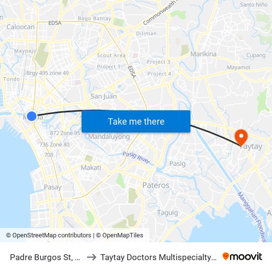 Padre Burgos St, Manila to Taytay Doctors Multispecialty Hospital map