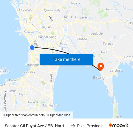 Senator Gil Puyat Ave / F.B. Harrison Intersection East Bound, Lungsod Ng Pasay to Rizal Provincial Hospital - Binangonan map