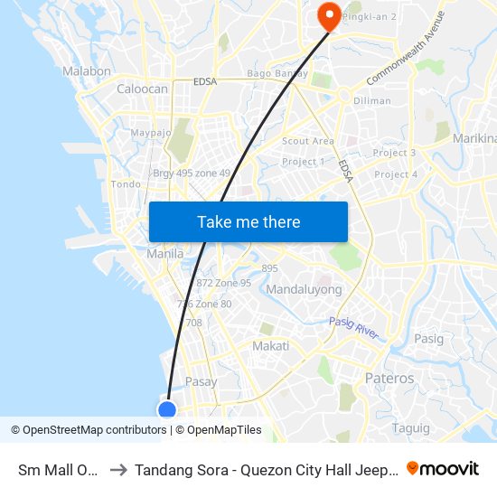 Sm Mall Of Asia to Tandang Sora - Quezon City Hall Jeepney Terminal map