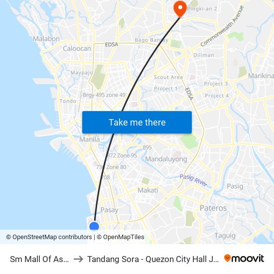Sm Mall Of Asia Globe to Tandang Sora - Quezon City Hall Jeepney Terminal map