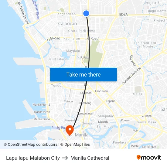 Lapu lapu Malabon City to Manila Cathedral map