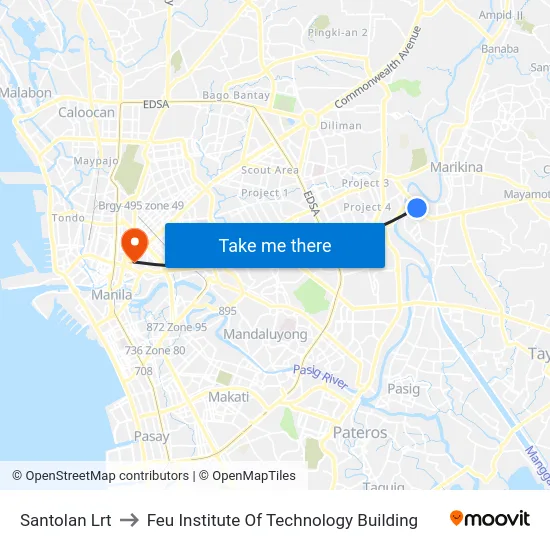 Santolan Lrt to Feu Institute Of Technology Building map