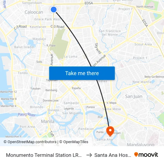 Monumento Terminal Station LRT Line 1 to Santa Ana Hospital map