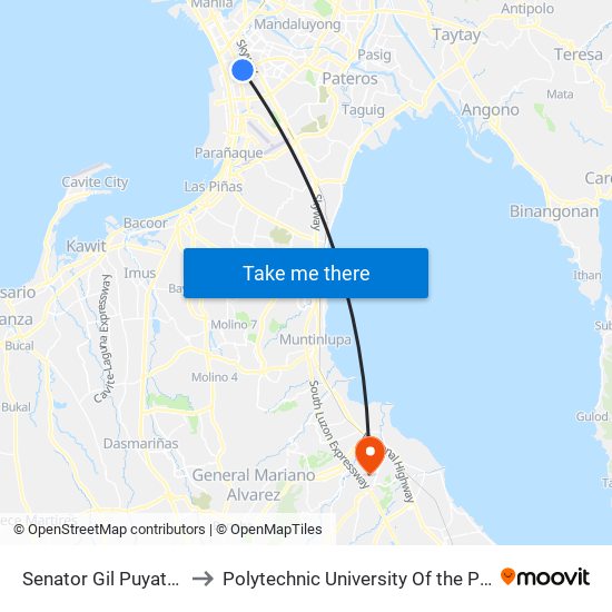 Senator Gil Puyat Ave, Makati City to Polytechnic University Of the Philippines - Binan Campus map