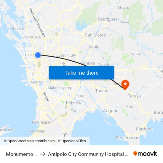 Monumento Lrt to Antipolo City Community Hospital Annex map
