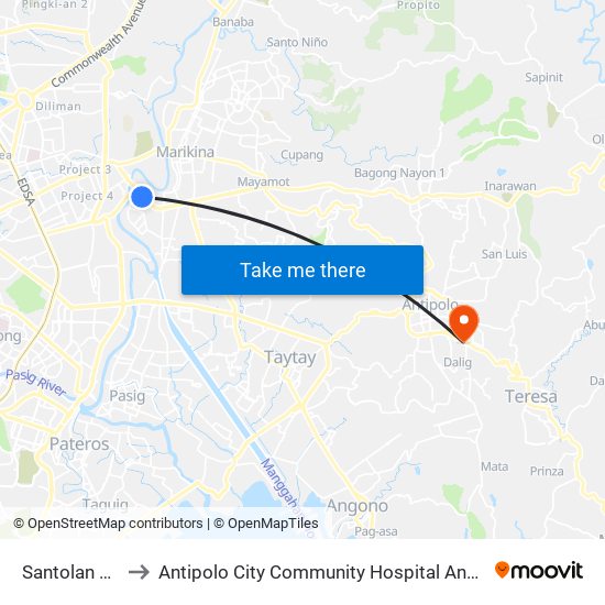 Santolan Lrt to Antipolo City Community Hospital Annex map