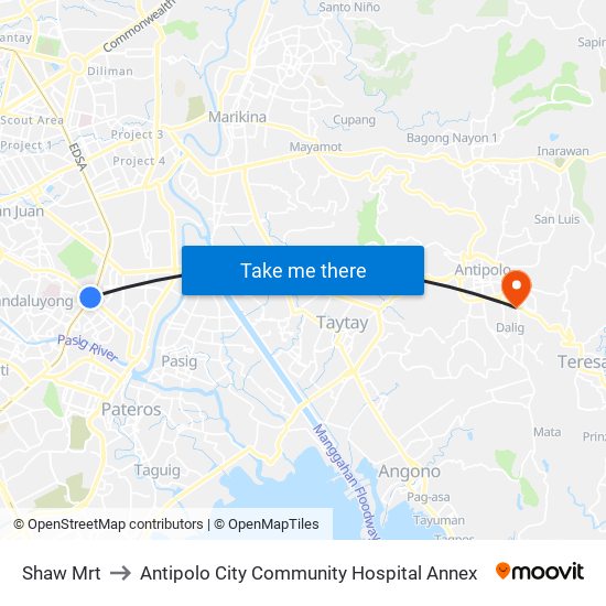 Shaw Mrt to Antipolo City Community Hospital Annex map