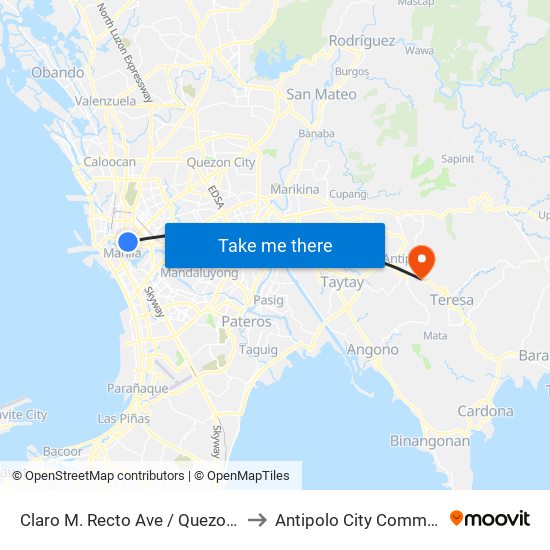 Claro M. Recto Ave / Quezon Blvd Intersection, Manila to Antipolo City Community Hospital Annex map