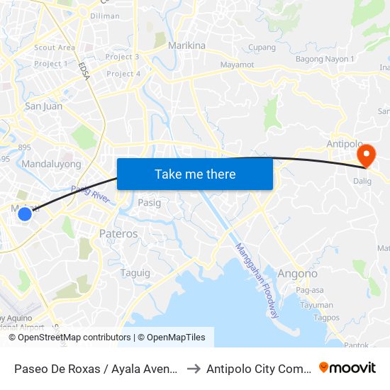 Paseo De Roxas / Ayala Avenue Intersection, Makati City, Manila to Antipolo City Community Hospital Annex map