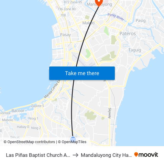 Las Piñas Baptist Church And Academy to Mandaluyong City Hall Gardens map