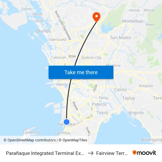 Parañaque Integrated Terminal Exchange to Fairview Terraces map