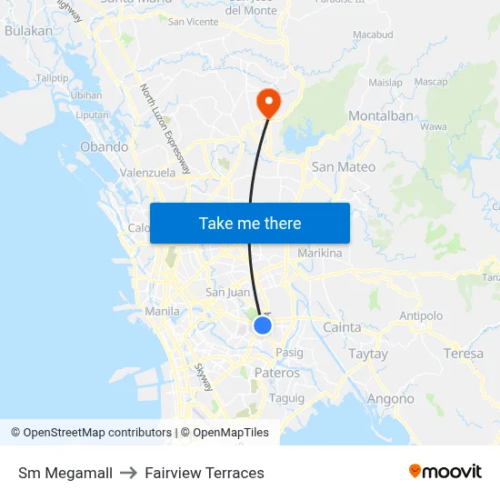 Sm Megamall to Fairview Terraces map