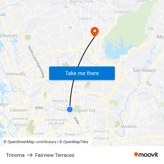 Trinoma to Fairview Terraces map