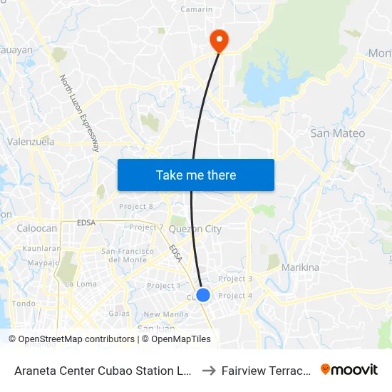 Araneta Center Cubao Station LRT to Fairview Terraces map