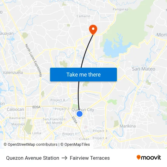 Quezon Avenue Station to Fairview Terraces map