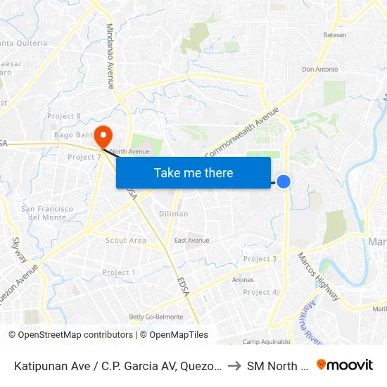 Katipunan Ave / C.P. Garcia AV, Quezon City, Manila to SM North EDSA map