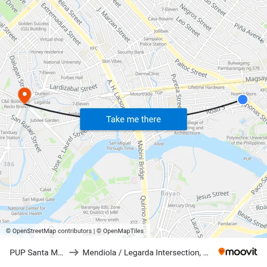 PUP Santa Mesa to Mendiola / Legarda Intersection, Manila map