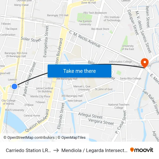 Carriedo Station LRT Line 1 to Mendiola / Legarda Intersection, Manila map