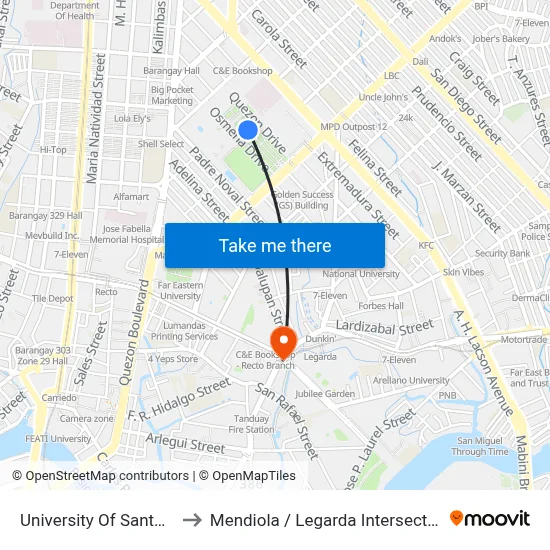 University Of Santo Tomas to Mendiola / Legarda Intersection, Manila map