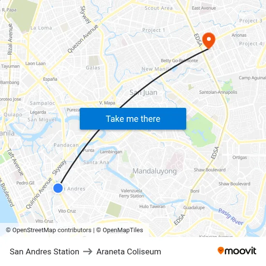 San Andres Station to Araneta Coliseum map