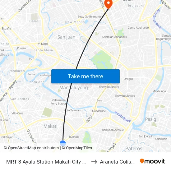 MRT 3 Ayala Station Makati City Manila to Araneta Coliseum map