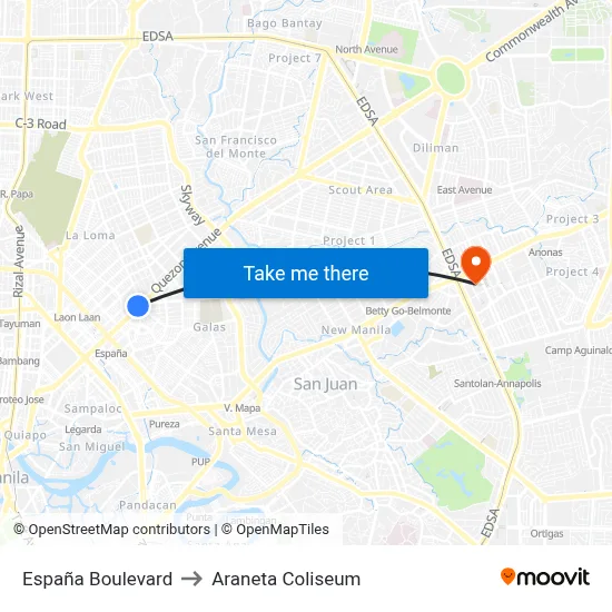 España Boulevard to Araneta Coliseum map