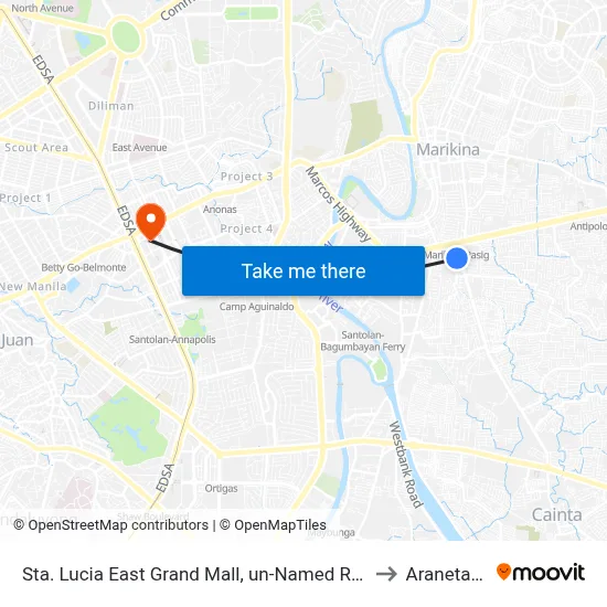 Sta. Lucia East Grand Mall, un-Named Road Near Felix Road, Cainta, Manila to Araneta Coliseum map