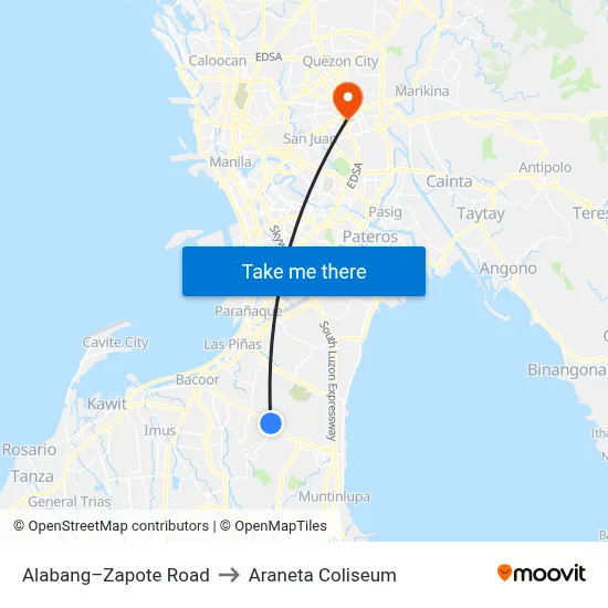 Alabang–Zapote Road to Araneta Coliseum map