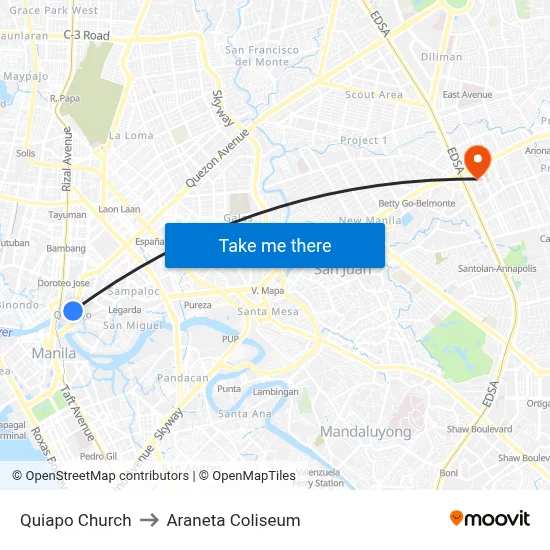 Quiapo Church to Araneta Coliseum map